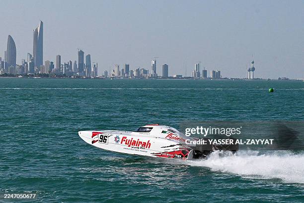 Italy's Rosario Schiano Di Cola and Giuseppe Schiano Di Cola of the Fujjairah Racing Team drive their powerboat during second round of the 2025 UIM...
