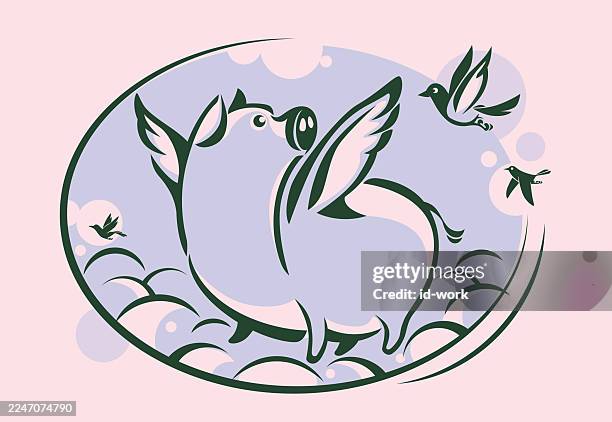 winged pig flying with birds - pig nose stock illustrations