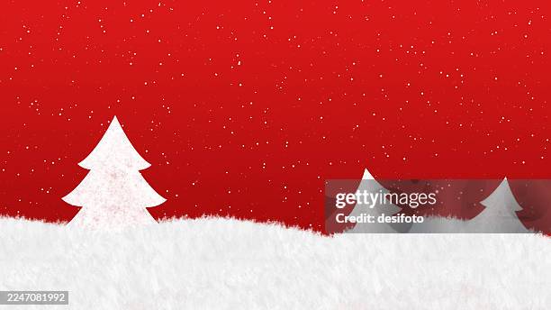 white coloured smudge snow cotton decoration bottom edge border with three snowy christmas coniferous fir trees over beautiful starry snowing shiny blank red maroon glittery horizontal xmas new year festive magical ethereal celebration, grunge background - silver sequins stock illustrations