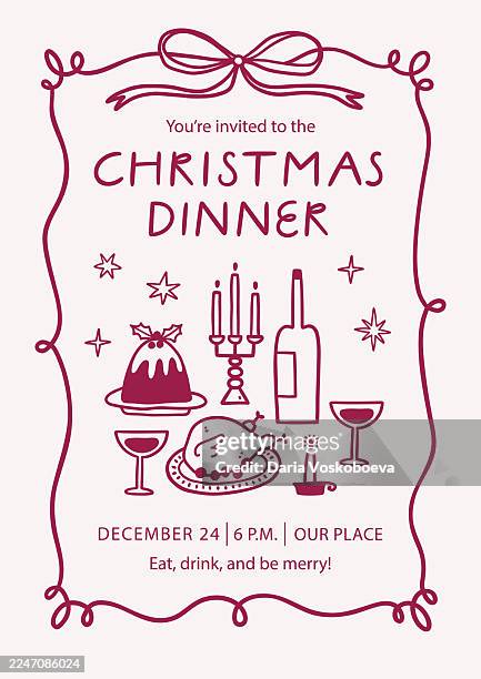 christmas dinner party invitation design template with hand drawn frame, food and drink - christmas dinner party stock illustrations