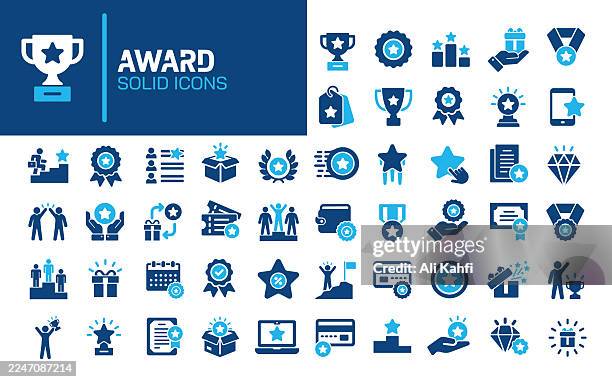 award glyph solid icons. containing reward, achievement, winner solid icons collection. vector illustration. perfect pixel on clean white background - awards ceremony stock illustrations