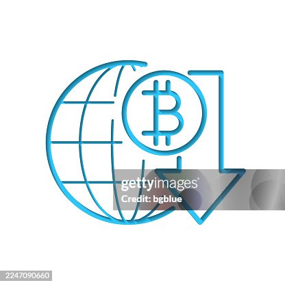 Bitcoin rate decrease. Icon cut out on white paper with blue background Bitcoin rate decrease. Icon cut out on white paper with blue background
