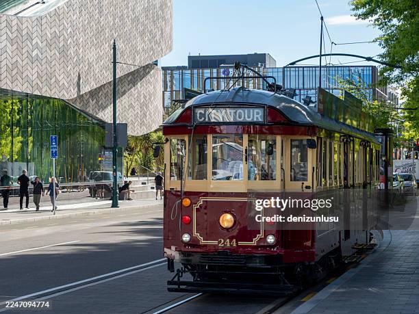 historic tram in central christchurch, new zealand - canterbury region new zealand stock pictures, royalty-free photos & images