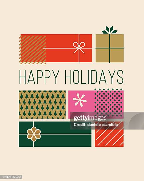 happy holidays greeting cards with gift boxes. - christmas present vector stock illustrations