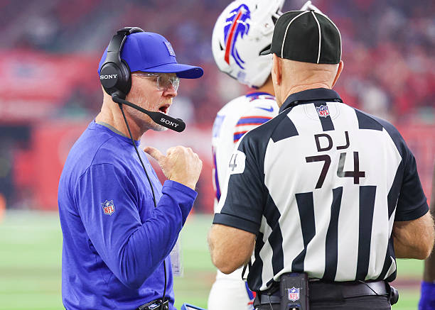 Buffalo Bills head coach Sean McDermott discusses a call with down judge Derick Bowers in the second quarter during the NFL game between the Buffalo...