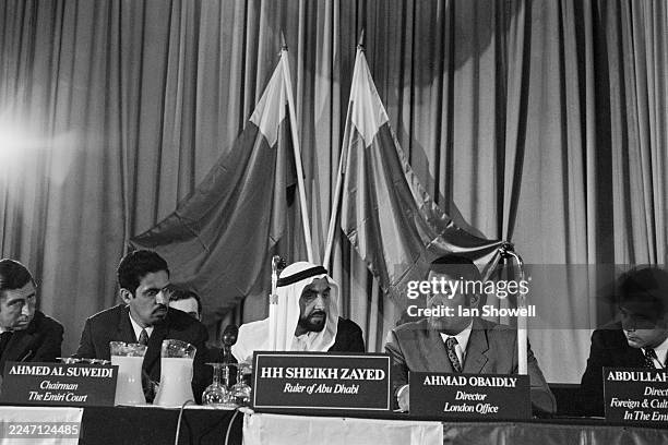 The ruler of Abu Dhabi, Sheikh Zayed bin Sultan Al Nahyan , at a press conference in London, 20th June 1969. With him are Ahmed Khalifa Al Suwaidi ,...