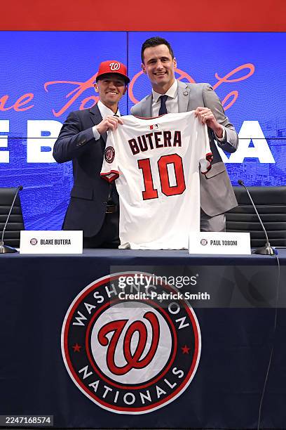 Washington Nationals President of Baseball Operations Paul Toboni introduces Washington Nationals Manager Blake Butera during a press conference at...