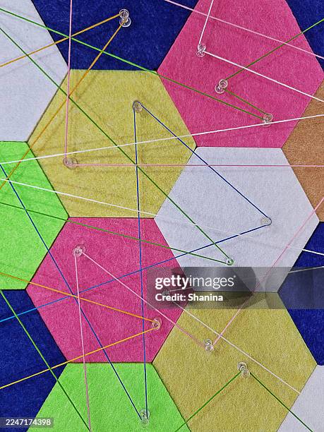 colorful connected strings - frontal view - embroidery frame stock pictures, royalty-free photos & images