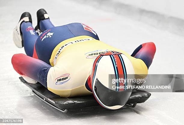 Great Britan's Matt Weston competes in the men's skeleton race at the IBSF Bobsleigh and Skeleton World Cup during the Olympic Winter Games Milano...