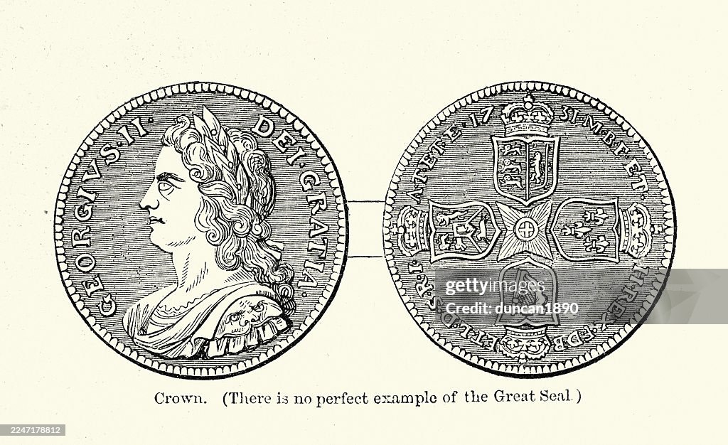 Gold Crown coin, Showing King George II, English British History, 18th Century, Vintage illustration