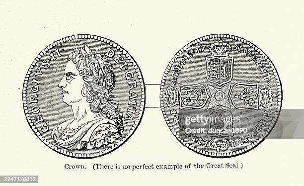 gold crown coin, showing king george ii, english british history, 18th century, vintage illustration - george ii of great britain stock illustrations