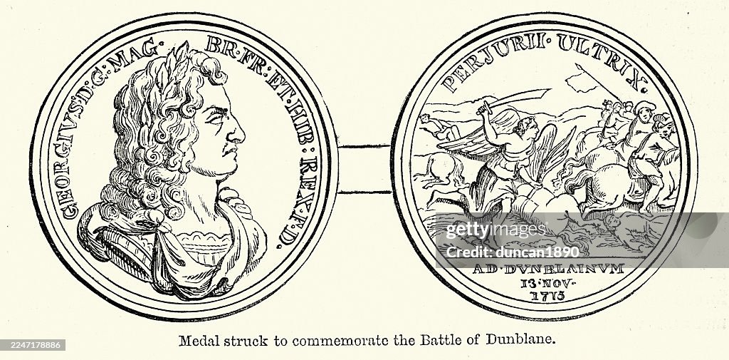 Medal commemorating the Battle of Sheriffmuir (Dunblane) 1715 at the height of the Jacobite rising, English British History, 18th Century, Vintage illustration