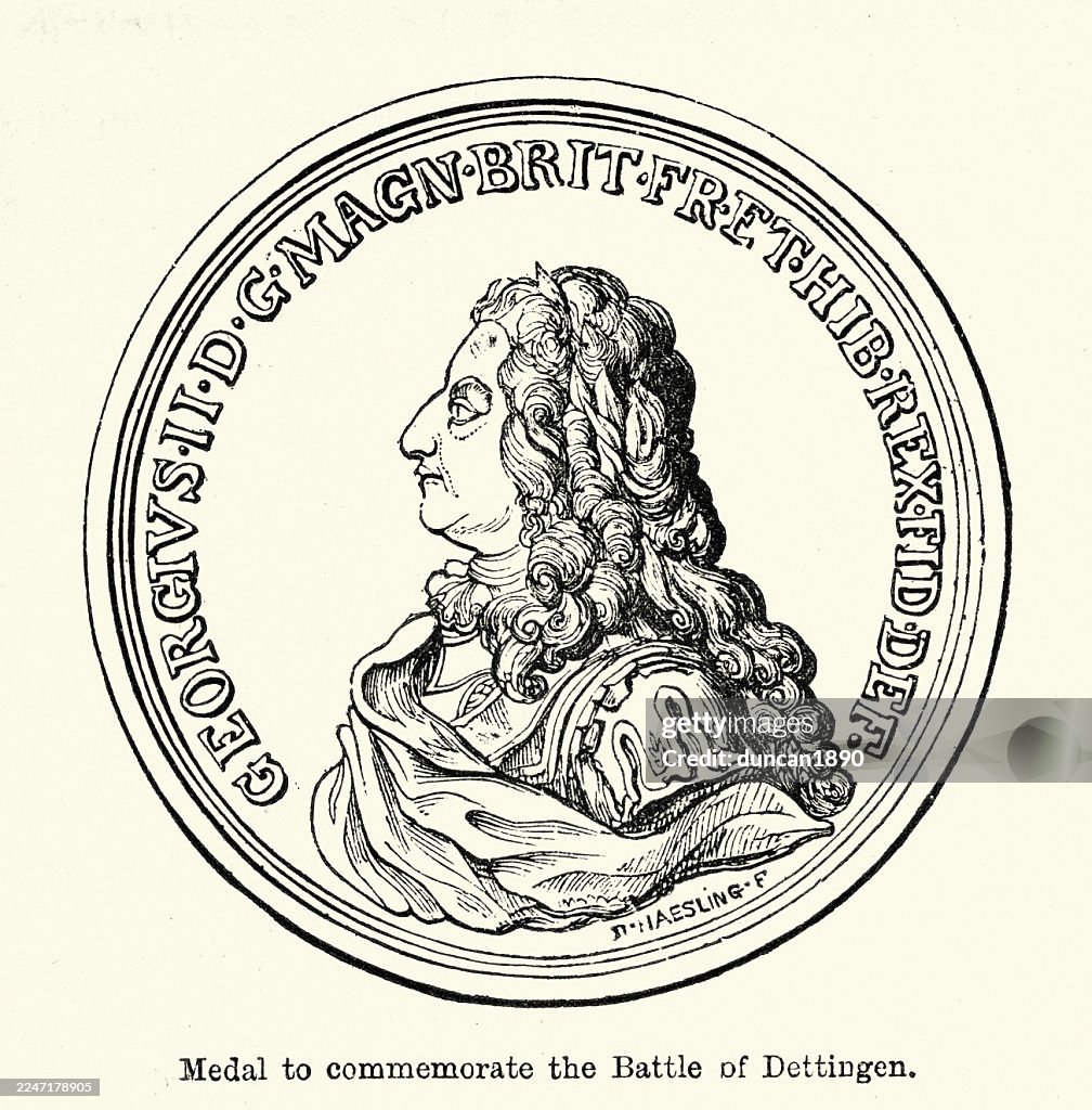 Medal showing King George II, Commemorating the Battle of Dettingen, English British History, 18th Century, Vintage illustration