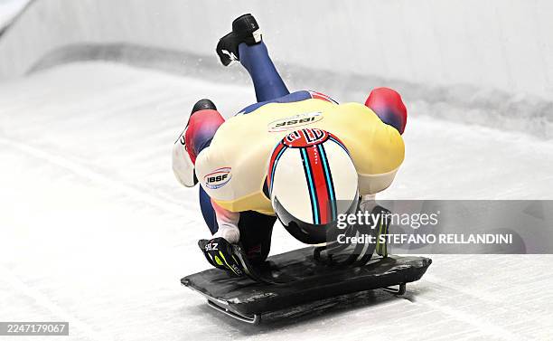Great Britan's Matt Weston competes in the men's skeleton race at the IBSF Bobsleigh and Skeleton World Cup during the Olympic Winter Games Milano...