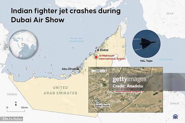 An infographic titled "Indian fighter jet crashes during Dubai Air Show" created in Ankara, Turkiye on November 21, 2025.