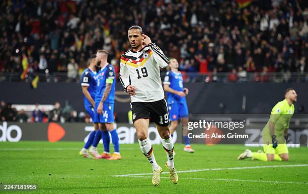Leroy Sane of Germany celebrates scoring his team's third goal during the FIFA World Cup 2026 qualifier match between Germany and Slovakia at Red...