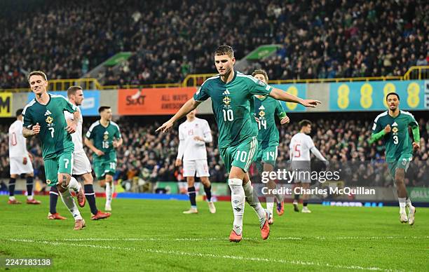 Jamie Donley of Northern Ireland celebrates scoring his team's first goal during the FIFA World Cup 2026 qualifier match between Northern Ireland and...