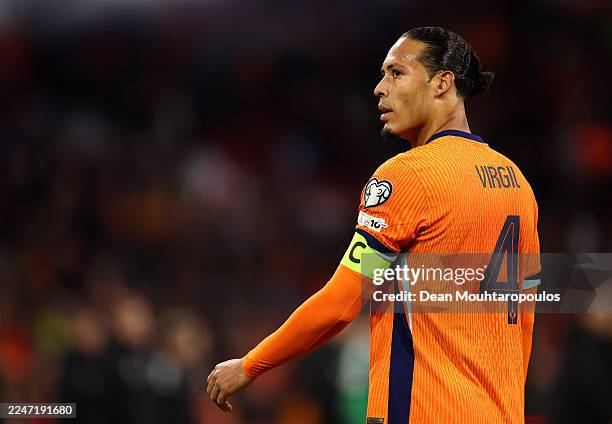 Virgil van Dijk of the Netherlands looks on during the FIFA World Cup 2026 qualifier match between Netherlands and Lithuania at Johan Cruijff Arena...