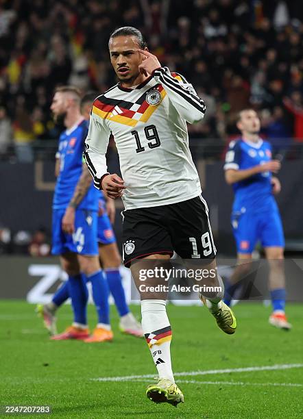 Leroy Sane of Germany celebrates scoring his team's third goal with team mates during the FIFA World Cup 2026 qualifier match between Germany and...