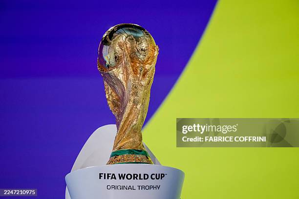 This photograph shows the FIFA World Cup trophy ahead of the 2026 FIFA World Cup and European Play-Off draw and Play-Off Tournament draw at the...