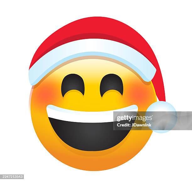 christmas holiday social media positive emoji face smiling with red santa hat icon - anthropomorphic smiley face stock illustrations