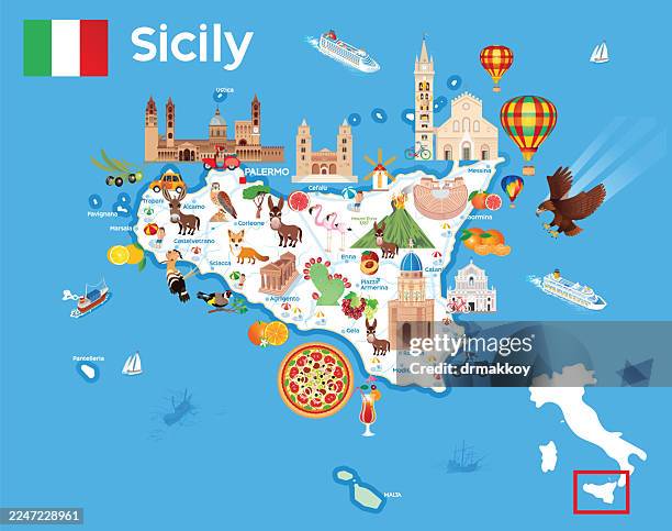 sicily travel map - taormina italy stock illustrations