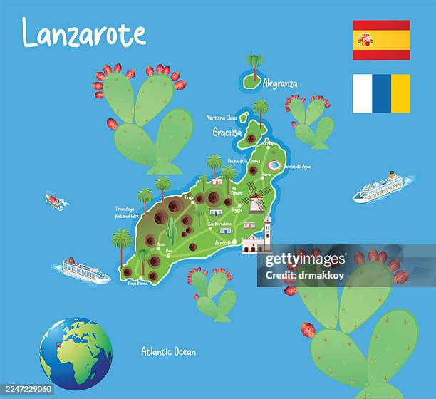 lanzarote island map with prickly pear cactus - lanzarote stock illustrations