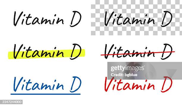 stockillustraties, clipart, cartoons en iconen met vitamin d - handwritten text, highlighted, crossed out, underlined on blank background - vitamine d