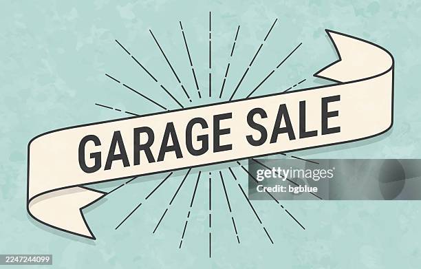 garage sale - banner in retro vintage style - old textured paper - yard sale stock illustrations