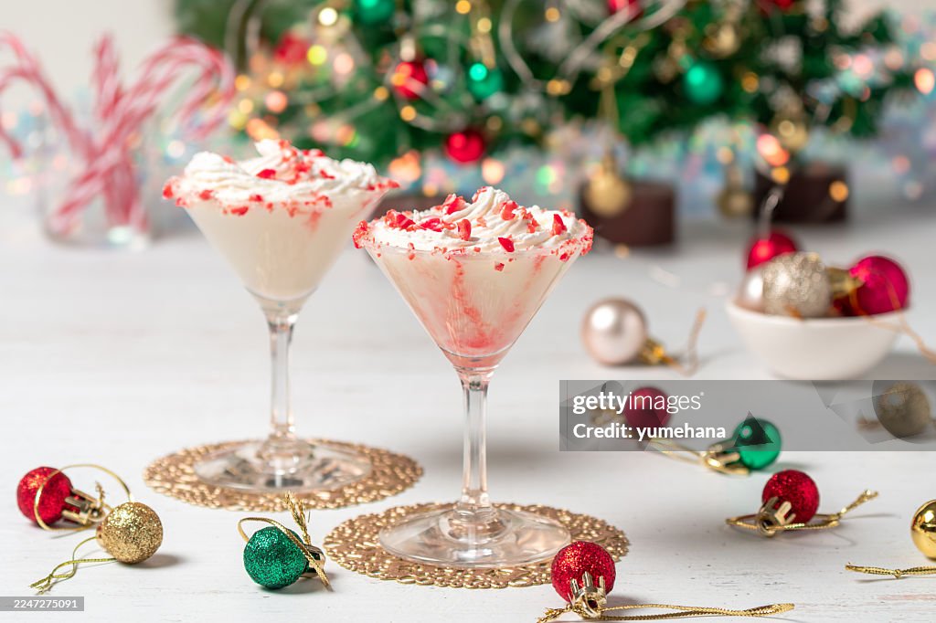 White chocolate peppermint martini with candy cane rim.