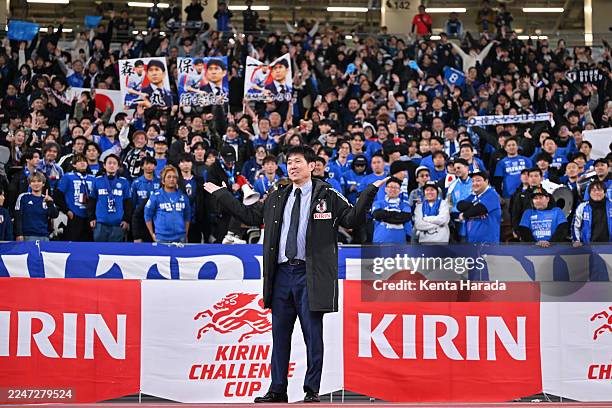 Japan head coach Hajime Moriyasu reacts after his 100th match and the team's 3-0 victory in the international friendly match between Japan and...
