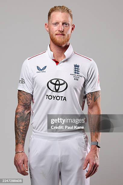 Ben Stokes poses during an England 2025/26 Ashes Headshot Session at Perth Stadium on November 18, 2025 in Perth, Australia.