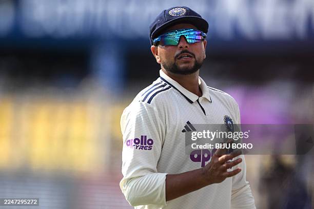 India's Kuldeep Yadav gestures during the first day of the second Test cricket match between India and South Africa at the Barsapara Cricket Stadium...