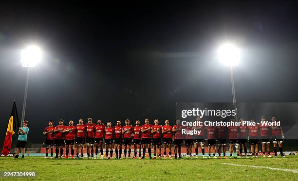 Players of Belgium line up for the national anthem prior to the Men's Rugby World Cup 2027 Final Qualification Tournament match between Samoa and...