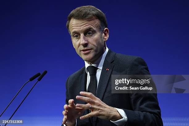 French President Emmanuel Macron speaks at the European Digital Sovereignty Summit on November 18, 2025 in Berlin, Germany. The summit is bringing...