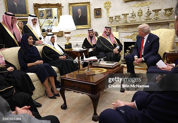 President Donald Trump speaks during a bilateral meeting with Crown Prince and Prime Minister Mohammed bin Salman of Saudi Arabia in the Oval Office...