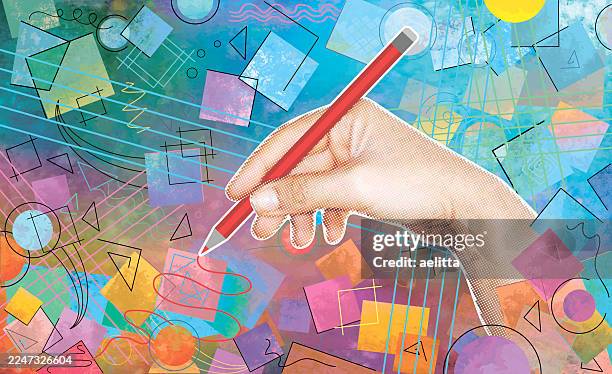 a hand, in halftone style, holding a pencil. a background with many elements, featuring rich watercolor textures, geometric shapes and elegant lines. a richness of colors, a painterly feel, collage, cubism. - creative writing stock illustrations
