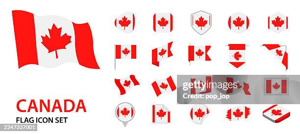 vector canada flag icon set in various shapes and styles, including flat, glossy, rounded, shield, marker, and waving designs. - canada flag stock illustrations