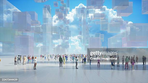 people standing beneath abstract cloud data structures - community program stock pictures, royalty-free photos & images
