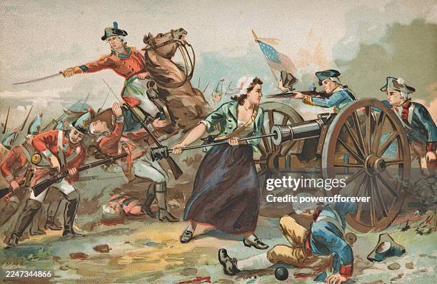 illustrazioni stock, clip art, cartoni animati e icone di tendenza di molly pitcher nella battaglia di monmouth durante la guerra d'indipendenza americana nel new jersey, stati uniti- xviii secolo - rivoluzione