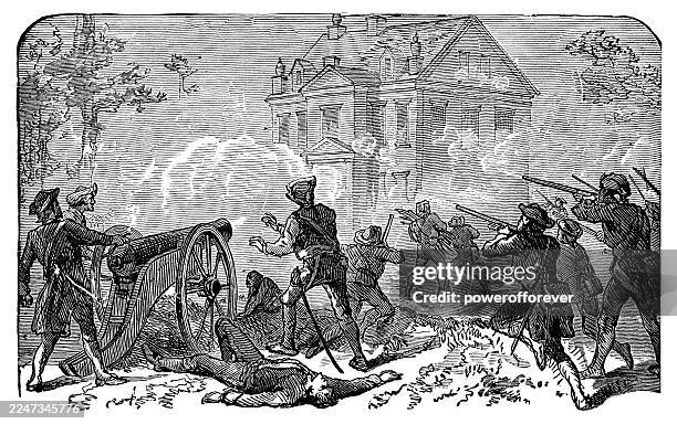 ilustrações de stock, clip art, desenhos animados e ícones de the attack on benjamin chew’s house at the battle of germantown during the american revolutionary war in philadelphia, pennsylvania, united states - 18th century - revolução