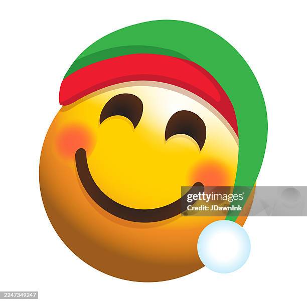 christmas holiday social media smiling with green elf hat 3d emoji icon on white background - anthropomorphic smiley face stock illustrations