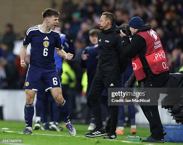 Kieran Tierney of Scotland celebrates scoring his team's third goal during the FIFA World Cup 2026 qualifier match between Scotland and Denmark at...