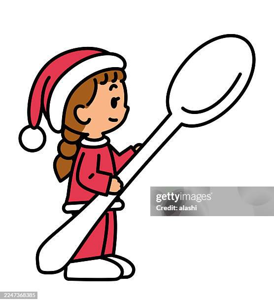 a cute santa girl in a christmas or new year outfit, smiling, standing, holding a big spoon. side view, black outline with flat colors, minimalist style - large dinner party stock illustrations