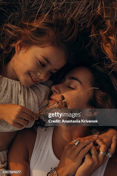 tender mother and daughter share intimate moment outdoors with dried flowers under golden light - zärtlich stock-fotos und bilder