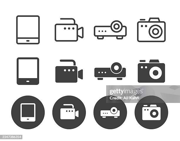 device icons collection. editable stroke. line and glyph solid style series icons - digital camcorder stock illustrations