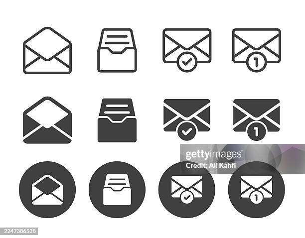 e-mail icons collection. editable stroke. line and glyph solid style series icons - white envelope square stock illustrations