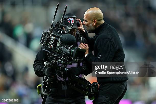 Pep Guardiola complains to TV cameraman after the Premier League match between Newcastle United and Manchester City at St James' Park on November 22,...