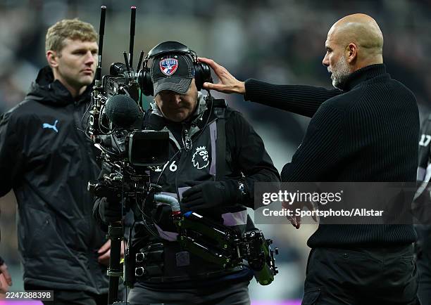Pep Guardiola complains to TV cameraman after the Premier League match between Newcastle United and Manchester City at St James' Park on November 22,...