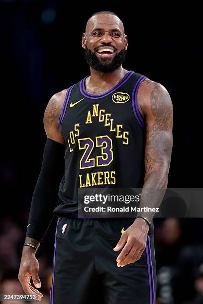 LeBron James of the Los Angeles Lakers reacts against the Utah Jazz during the second quarter at Crypto.com Arena on November 18, 2025 in Los...